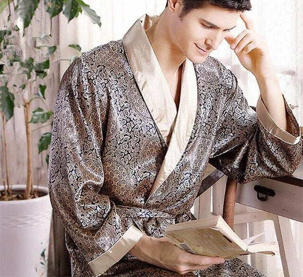 Men Silk Bathrobe Big Size 5XL Satin Kimono Gown Home Clothes Man Printed Geometric Robes V-neck Sleepwear Nightgown