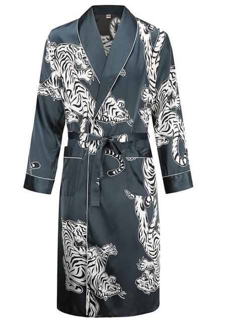 Silk nightgown Men's summer thin bathrobe Tiger nightgown Loose wedding robesilky long sleeve Sleeprobe Plus Size home wear