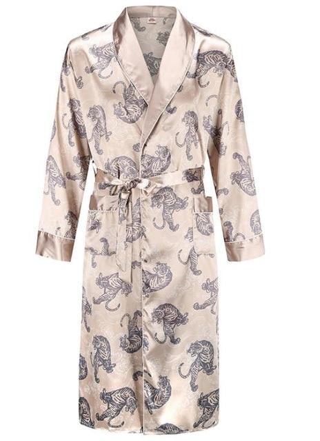 Silk nightgown Men's summer thin bathrobe Tiger nightgown Loose wedding robesilky long sleeve Sleeprobe Plus Size home wear