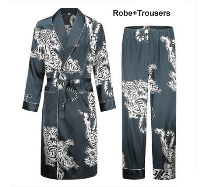 Silk nightgown Men's summer thin bathrobe Tiger nightgown Loose wedding robesilky long sleeve Sleeprobe Plus Size home wear
