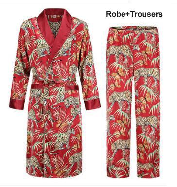 Silk nightgown Men's summer thin bathrobe Tiger nightgown Loose wedding robesilky long sleeve Sleeprobe Plus Size home wear