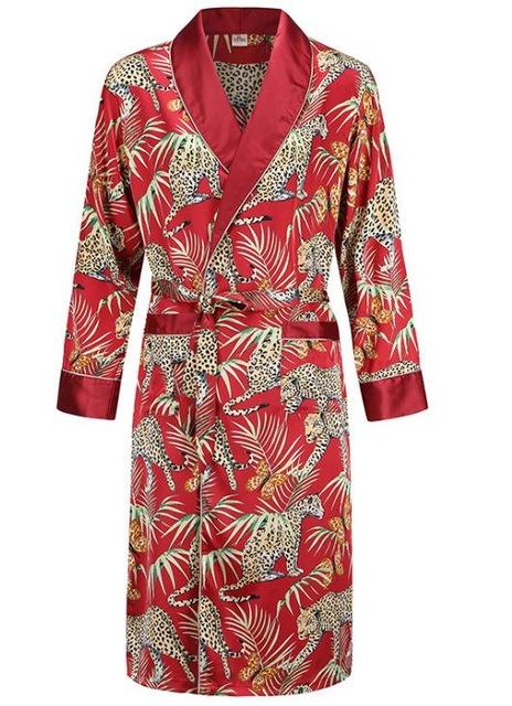 Silk nightgown Men's summer thin bathrobe Tiger nightgown Loose wedding robesilky long sleeve Sleeprobe Plus Size home wear