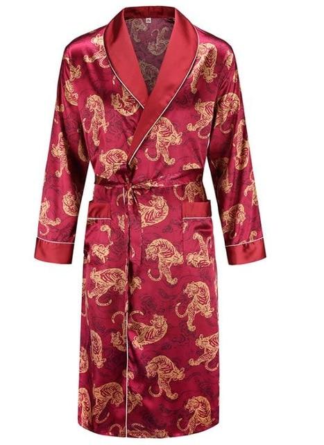 Silk nightgown Men's summer thin bathrobe Tiger nightgown Loose wedding robesilky long sleeve Sleeprobe Plus Size home wear