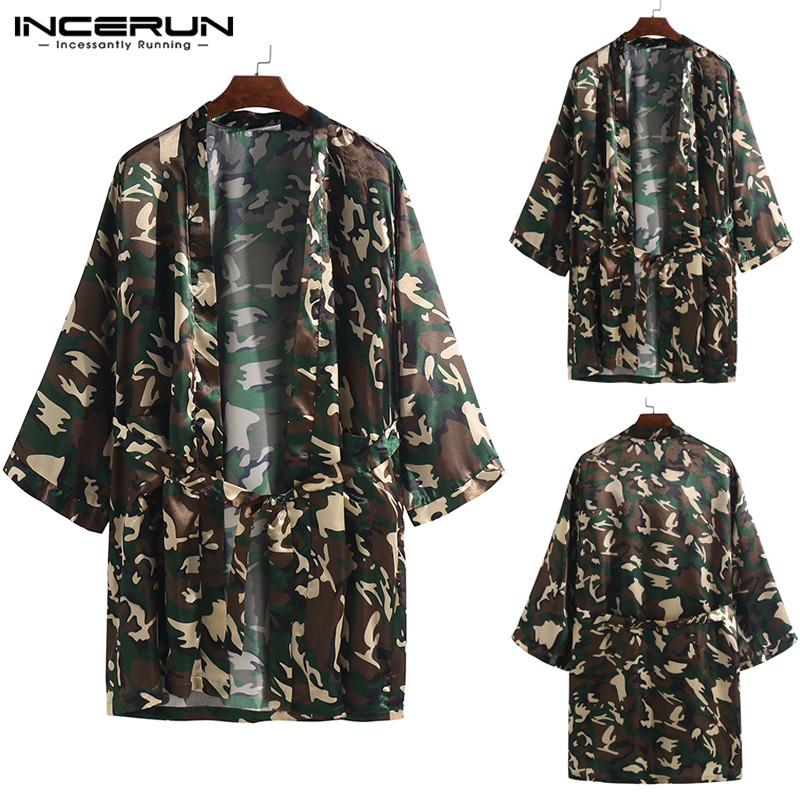 INCERUN Camouflage Print Men Robes Silk Satin 3/4 Sleeve Pajamas Sleepwear Homewear Robes 2019 Breathable Men Nightgown Lounge