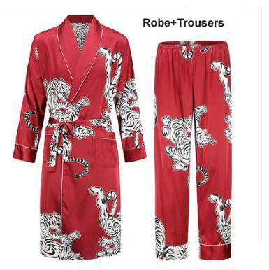 Silk nightgown Men's summer thin bathrobe Tiger nightgown Loose wedding robesilky long sleeve Sleeprobe Plus Size home wear