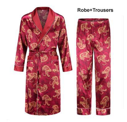 Silk nightgown Men's summer thin bathrobe Tiger nightgown Loose wedding robesilky long sleeve Sleeprobe Plus Size home wear