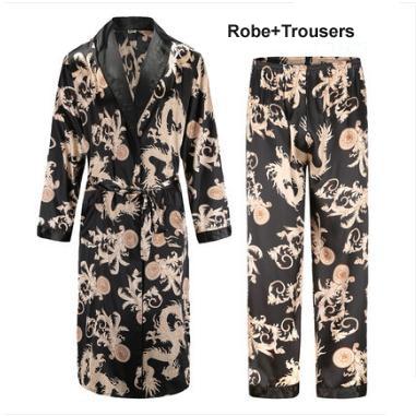 Silk nightgown Men's summer thin bathrobe Tiger nightgown Loose wedding robesilky long sleeve Sleeprobe Plus Size home wear