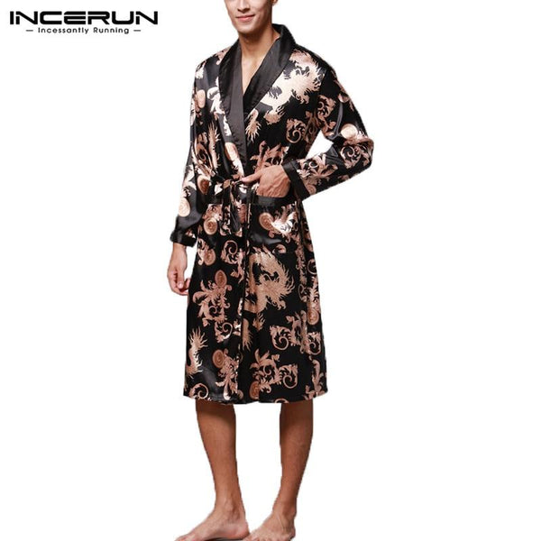 INCERUN Men Bathrobe Pajamas Faux Silk Long Sleeve Robes Nightgown Chinese Dragon Print Comfy Homewear Kimono Men Sleepwear 2019