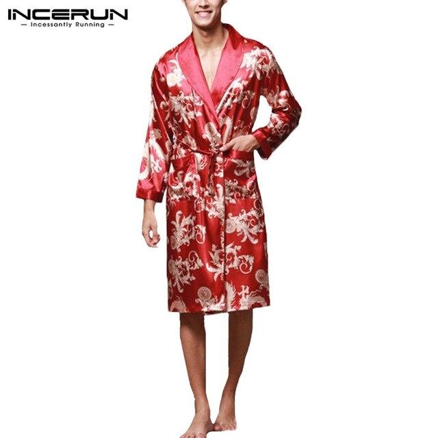 INCERUN Men Bathrobe Pajamas Faux Silk Long Sleeve Robes Nightgown Chinese Dragon Print Comfy Homewear Kimono Men Sleepwear 2019