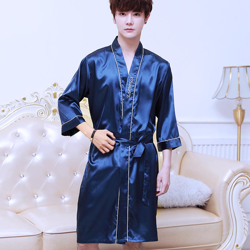 2019 summer men's silk bathrobe robe long solid silk pajamas men silk nightgown sleepwear kimono homme dressing