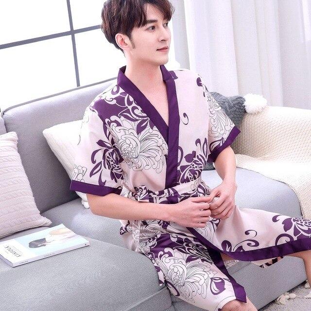 2019 summer chinese men's robe kimono faux silk bath gown bathrobe nightgown casual sleepwear hombre pijama
