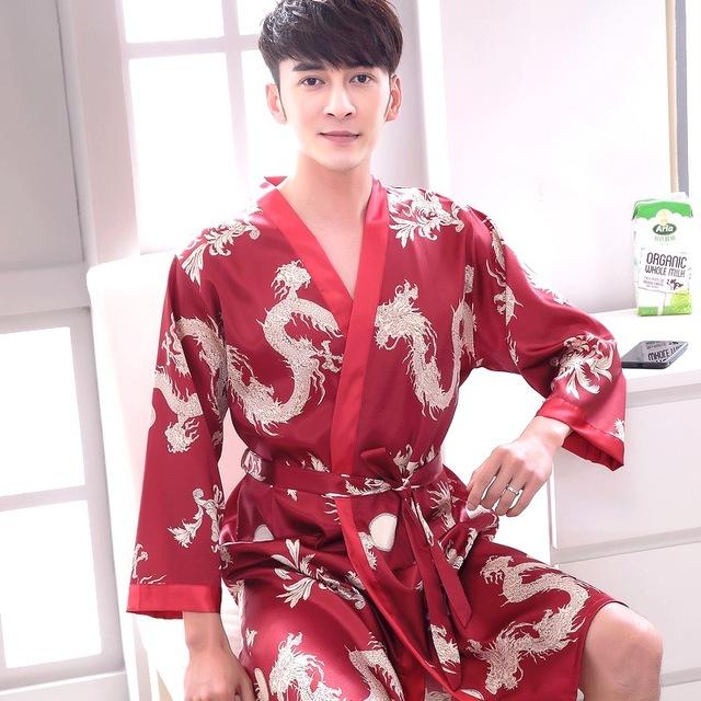 2019 summer chinese men's robe kimono faux silk bath gown bathrobe nightgown casual sleepwear hombre pijama