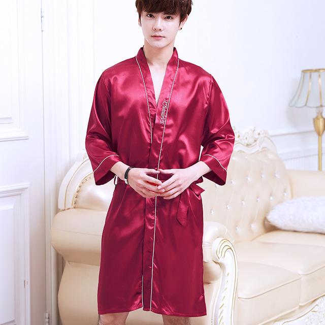 2019 summer men's silk bathrobe robe long solid silk pajamas men silk nightgown sleepwear kimono homme dressing
