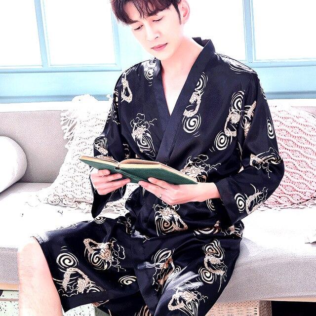 2019 summer mens silk pajamas pajama pyjamas pjs sleepwear robe robes nightgown robes plus beige blue striped