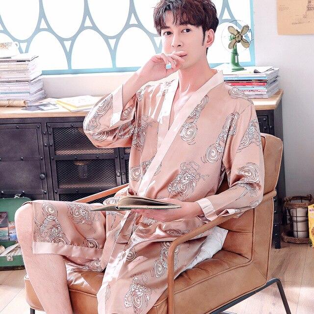 2019 summer mens silk pajamas pajama pyjamas pjs sleepwear robe robes nightgown robes plus beige blue striped