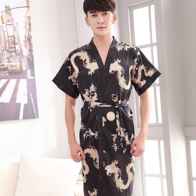 2019 summer navy blue chinese men's robe kimono faux silk bath gown bathrobe nightgown sleepwear hombre pijama