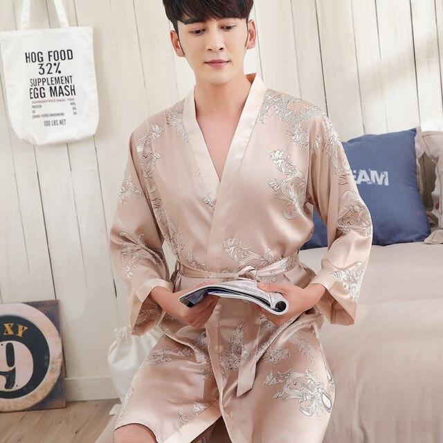 2019 summer navy blue chinese men's robe kimono faux silk bath gown bathrobe nightgown sleepwear hombre pijama