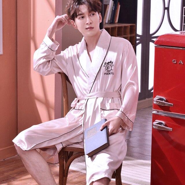 2019 summer chinese men's robe kimono faux silk bath gown bathrobe nightgown sleepwear hombre pijama