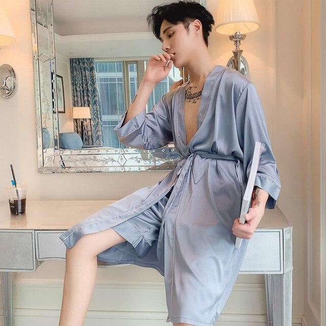 2019 summer chinese men's robe kimono faux silk bath gown bathrobe nightgown sleepwear hombre pijama