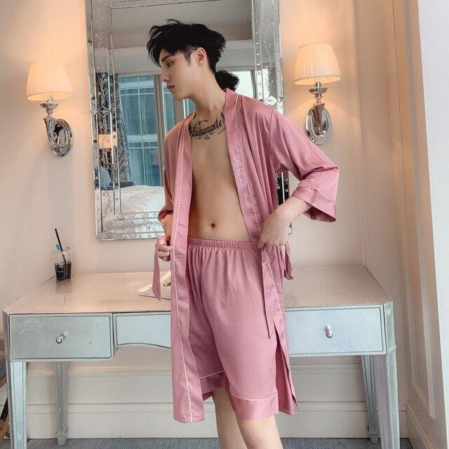 2019 summer chinese men's robe kimono faux silk bath gown bathrobe nightgown sleepwear hombre pijama