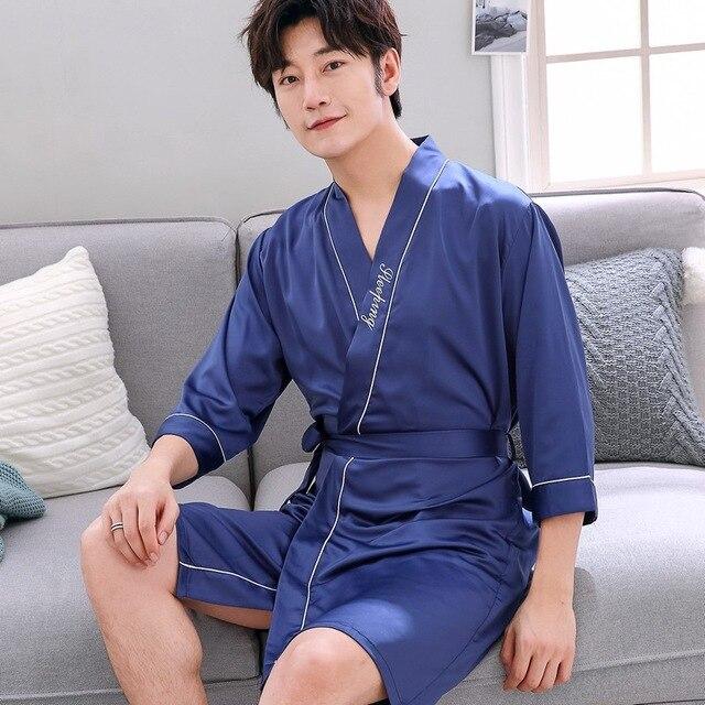 2019 summer nightgown sleepshirts men kimono robe faux silk bath gown sleepwear lounge casual silky nightwear female dress
