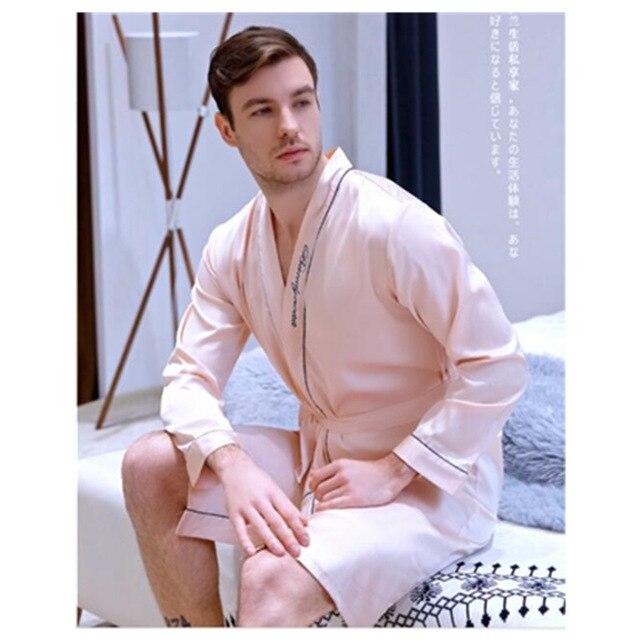 Men's Robe Pajamas Ice Silk Set Long Sleeves Nightgown Homewear New Style Leisure Sleepwear Simple Plus Size Home Clothes J132