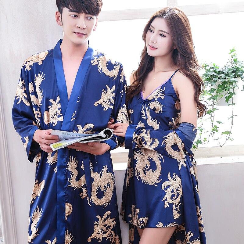 2019 summer luxury bathrobe mens print plus silk pajamas kimono male nightgown chinese silk robe