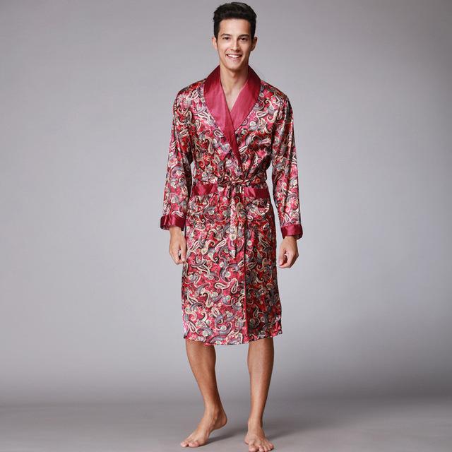 Men's Silk Satin Bathrobe Robe Long Sleeve  Silk Pajamas Men Silk Nightgown Sleepwear kimono home Dressing Gown