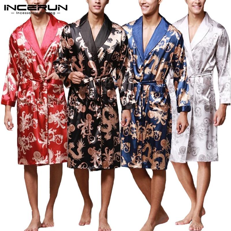 INCERUN 2019 Men Pajamas Robes Faux Silk Long Sleeve Bathrobe Chinese Dragon Print Sleepwear Comfy Nightgown Kimono Men Homewear