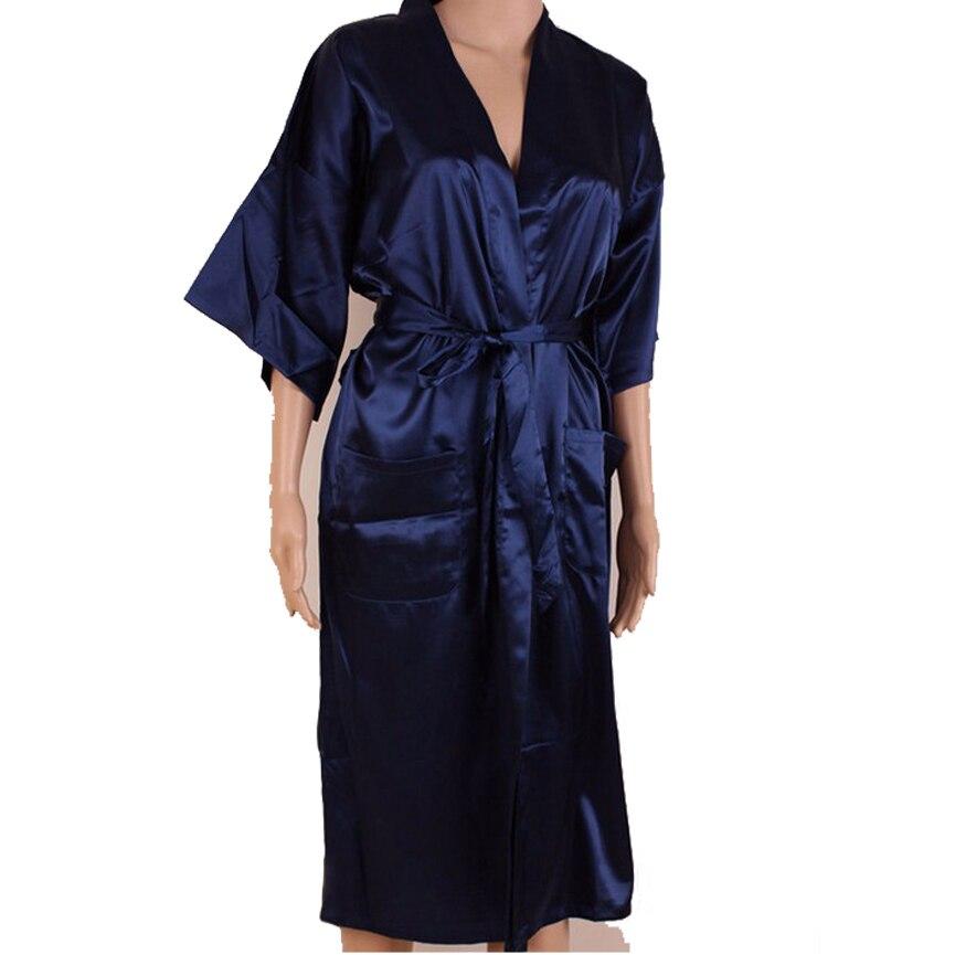 Navy Blue Chinese Men Silk Long Robe Rayon Kimono Bath Gown Sleepwear With Bandage Nightgown Pajama Size S M L XL XXL XXXL011004