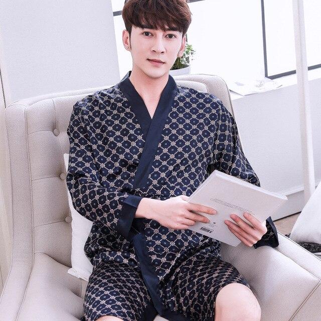 2019 summer mens kimono robe embroidery bath gown faux silk bathrobe nightgown sleepwear hombre pijama