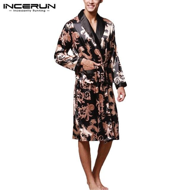 INCERUN 2019 Men Pajamas Robes Faux Silk Long Sleeve Bathrobe Chinese Dragon Print Sleepwear Comfy Nightgown Kimono Men Homewear
