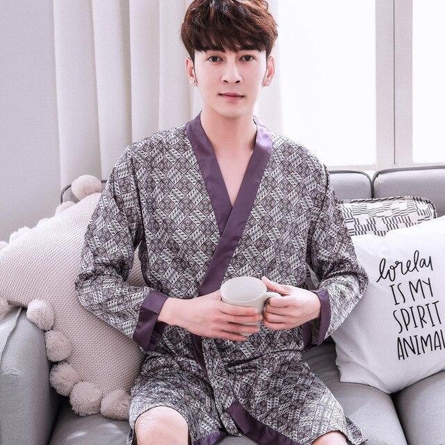 2019 summer mens kimono robe embroidery bath gown faux silk bathrobe nightgown sleepwear hombre pijama