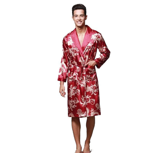 Top Grade Burgundy Male Silk Kimono Kaftan Robe Gown Chinese Men's Rayon Nightwear Nightgown Loose leisure Bathrobe Sleepwear