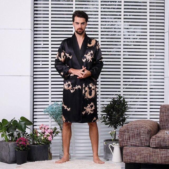 Men's Silk Nightgown Shorts Two Sets Large Size Dragon Bathrobe Men's Bathrobe Silk Pajamas Men's Long Dragon Robe Home Wear