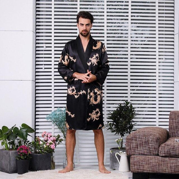 Men's Silk Nightgown Shorts Two Sets Large Size Dragon Bathrobe Men's Bathrobe Silk Pajamas Men's Long Dragon Robe Home Wear