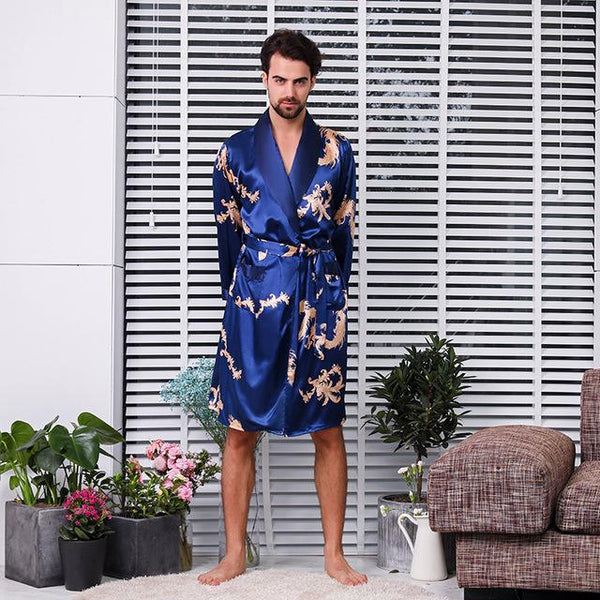 Men's Silk Nightgown Shorts Two Sets Large Size Dragon Bathrobe Men's Bathrobe Silk Pajamas Men's Long Dragon Robe Home Wear