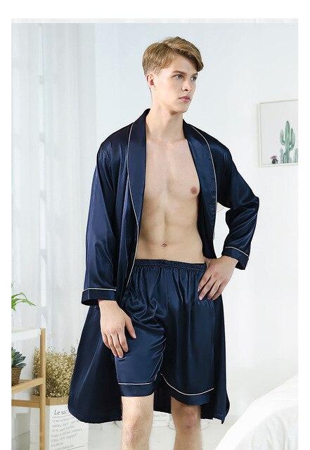 Men's Spring and Summer Ice Silk Long-sleeved Robe Suit Silk Shorts Bathrobe Solid Color / Printed Fashion Nightgown 658