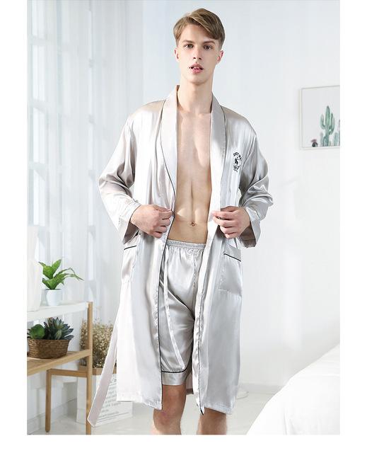 Men's Spring and Summer Ice Silk Long-sleeved Robe Suit Silk Shorts Bathrobe Solid Color / Printed Fashion Nightgown 658