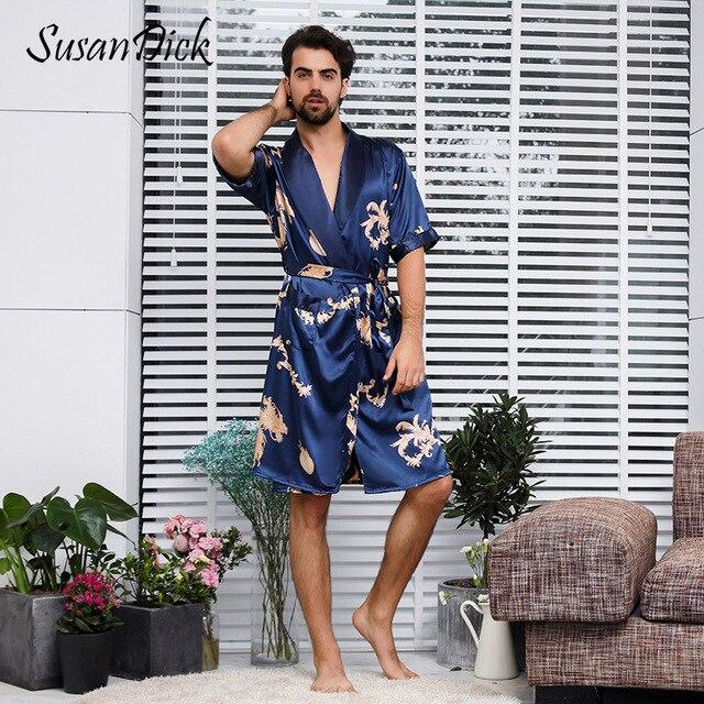 SusanDick 2019 Men Silk Robe Set Half Sleeve Comfortable China Satin Pajamas Nightgowns Man Summer Autumn Sexy Kimono Shorts Set