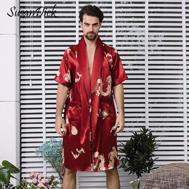 SusanDick 2019 Men Silk Robe Set Half Sleeve Comfortable China Satin Pajamas Nightgowns Man Summer Autumn Sexy Kimono Shorts Set