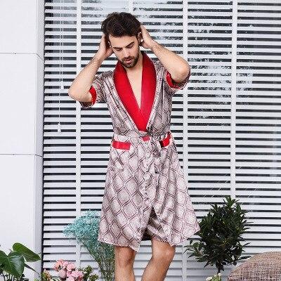2019 New Summer Man Luxury Bathrobe Pyjama Mens Print Plus Size M-5XL Silk Satin Short sleeve Sleepwear Male Nightgown Silk Robe