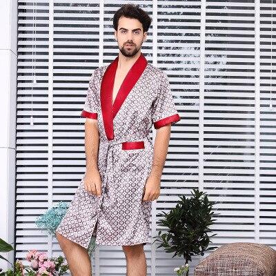 2019 New Summer Man Luxury Bathrobe Pyjama Mens Print Plus Size M-5XL Silk Satin Short sleeve Sleepwear Male Nightgown Silk Robe