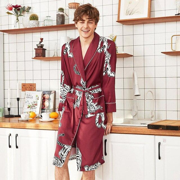 Satin Silk Robe For Women and Men Couple Kimono Printed Tiger Bathrobe Sleepwear Bride Wedding Long Bath Robes Nightgown