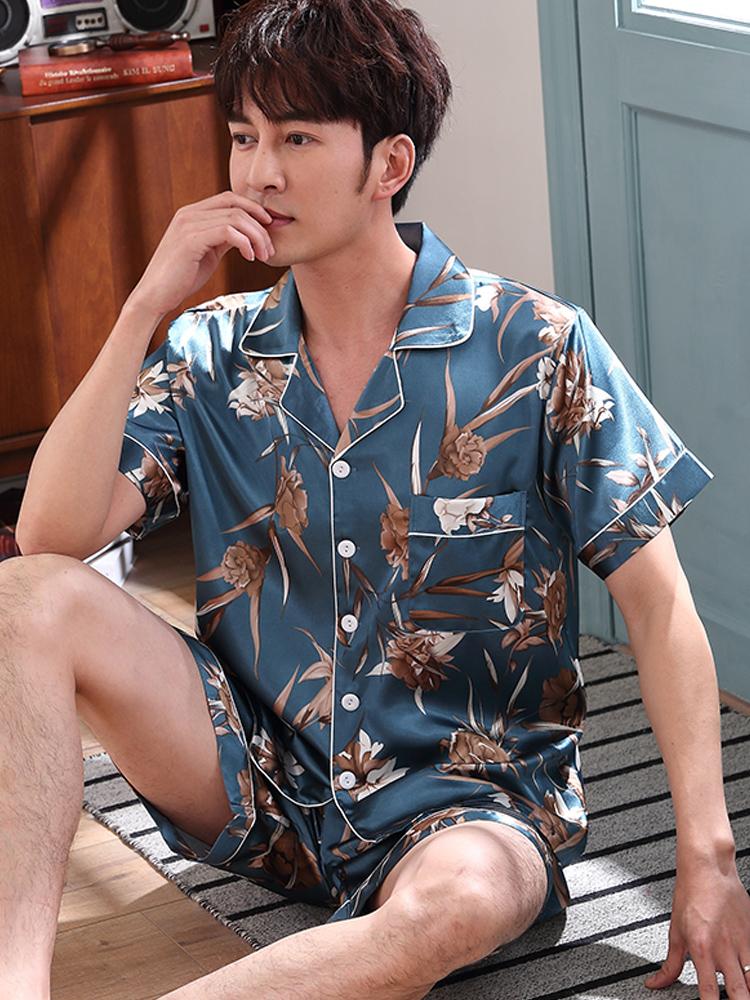 2019 summer men robes nightgown bathrobe faux silk short sleeve chinese dragon print pajamas sleepwear kimono men long