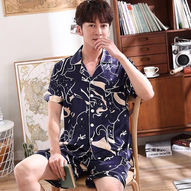 2019 summer men robes nightgown bathrobe faux silk short sleeve chinese dragon print pajamas sleepwear kimono men long
