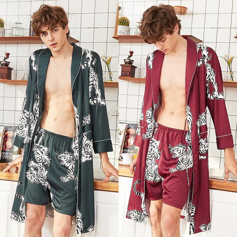 silk robe men Long Animal printing Pajamas Male Nightgown Sleepwear kimono homme Dressing Gown 2pcs shorts homewear bathrobes