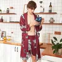 silk robe men Long Animal printing Pajamas Male Nightgown Sleepwear kimono homme Dressing Gown 2pcs shorts homewear bathrobes