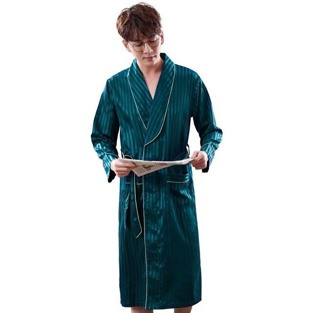 2019 New Spring Autumn Luxury Striped Bathrobe Mens Plus Size Silk Satin Pajamas Kimono Summer Male Nightgown Chinese Silk Robe