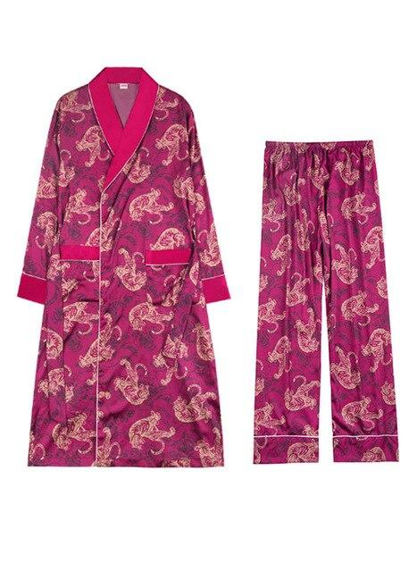 Men Imitation Silk Home Service Suit Tiger Patterned Pajamas Robe Sets Long-Sleeved Nightgown+Long Sleep Pants Men Belt Bathrobe